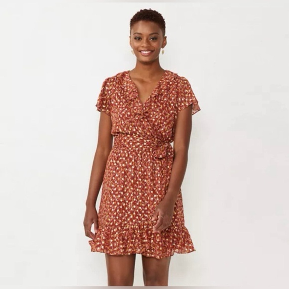 Floral Ruffle Wrap Dress - Red - Picture 2 of 16